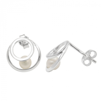 Ohrstecker Ohrringe 11mm 2 Kreise mit Süßwasserzuchtperle Silber 925, ohne Dekoration