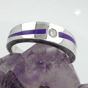 Ring 6mm lila Lackeinlage Zirkonia weiß glänzend rhodiniert Silber 925 Ringgröße 60
